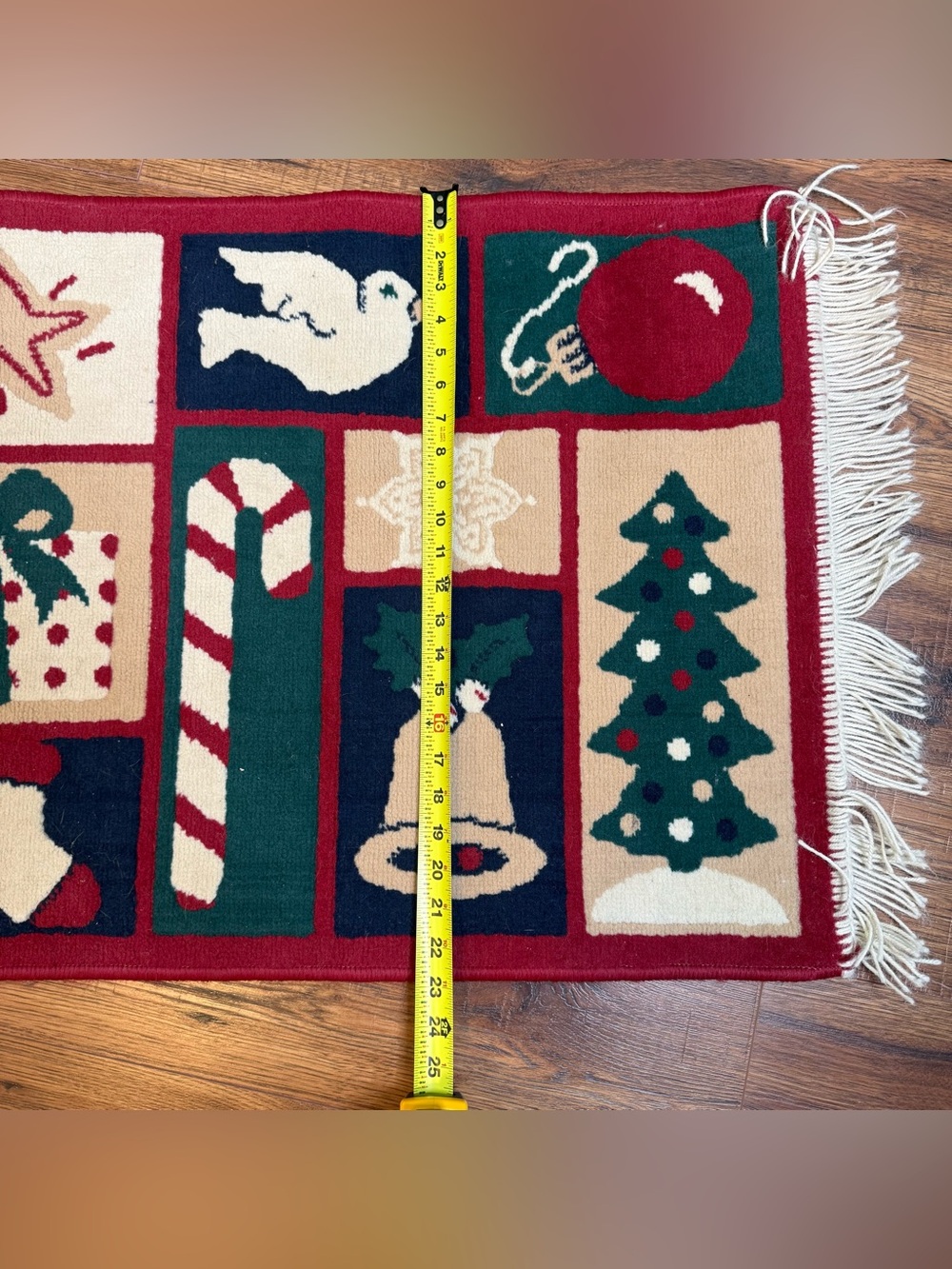 Vintage Christmas Rug Fringed Seasonal Holiday Motif Mat Hooked Woven Winter 90s - Picture 11 of 13